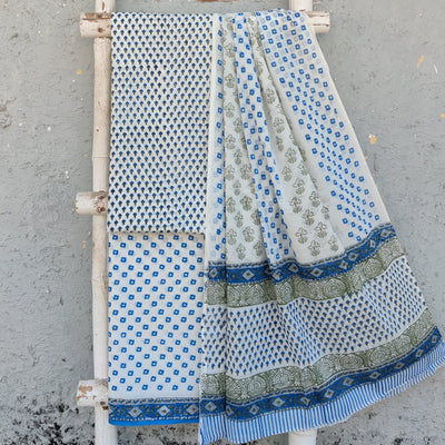 ROZANA -Pure Cotton White With Blue Tiny Flower Motif Top And White And Blue Intricate Design Bottom And Cotton Dupatta