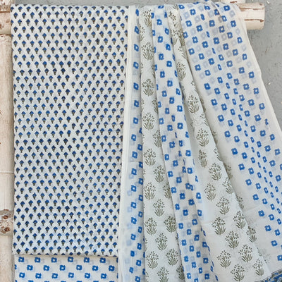 ROZANA -Pure Cotton White With Blue Tiny Flower Motif Top And White And Blue Intricate Design Bottom And Cotton Dupatta