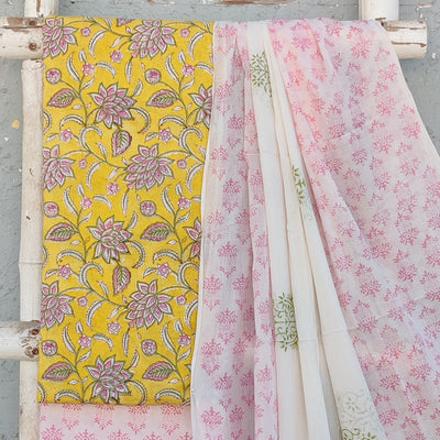 ROZAN -Pure Cotton Yellow With Pink And Green Flower Jaal Top And White With Pink Bottom And Cotton Dupatta