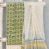 ROZANA-Modal Cotton Jaipuri Green With Yelllow And Blue Flower Motif Top And White With Yellow Polka Dots Bottom And Chiffion Dupatta