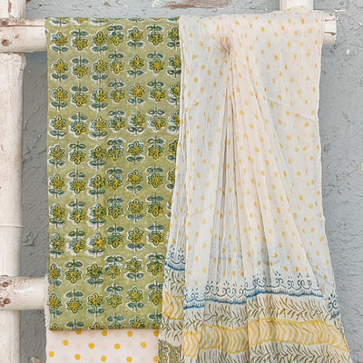 ROZANA-Modal Cotton Jaipuri Green With Yelllow And Blue Flower Motif Top And White With Yellow Polka Dots Bottom And Chiffion Dupatta