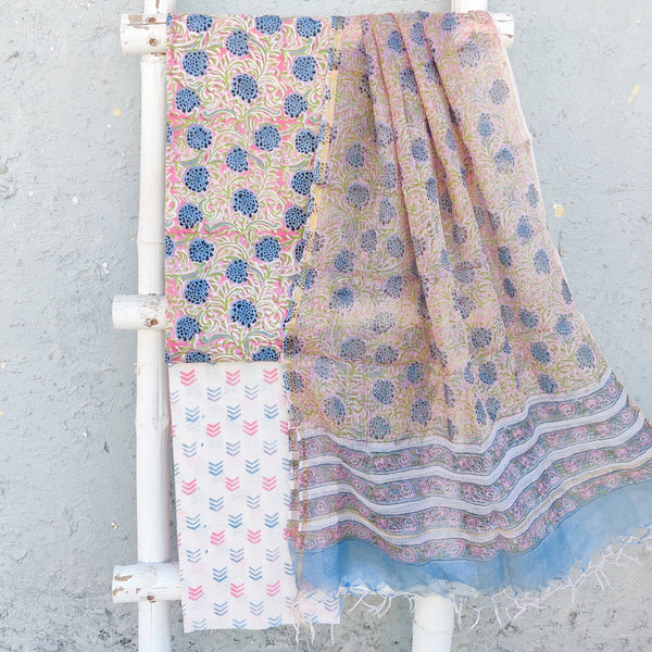ROZANA-Pure Cotton Pink With Green And Rust Blue Rose Flower Jaal Top And White With Pink And Blue Bottom And Kota Dupatta