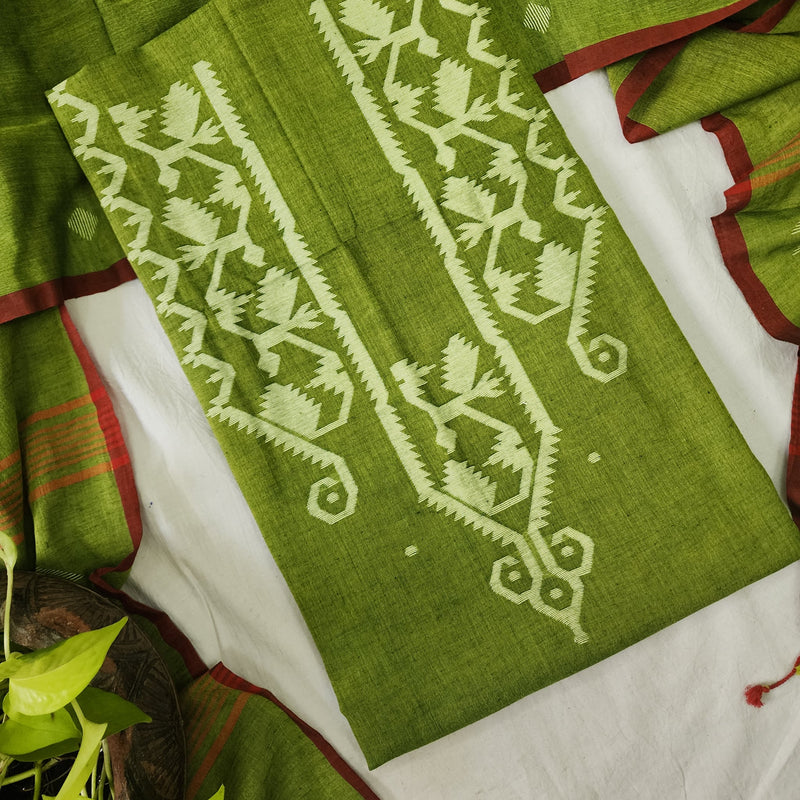 SACHIKA-Pure Cotton Jamdani Green Top And Dupatta