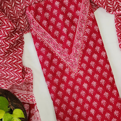 SAILEE- Cotton Pink With V Work Top And Cotton Pink With White Intricate Design  Bottom And Cotton Dupatta