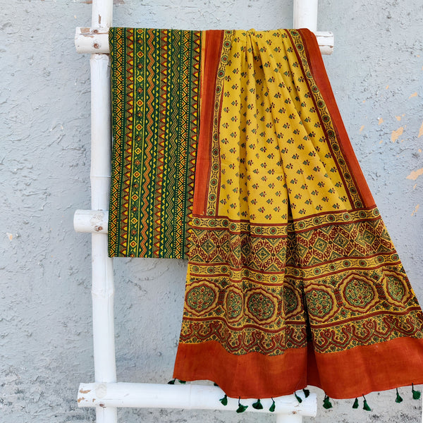 SAILEE-Pure Cotton Ajrak Green With Rust Different Border Top And Mustard And Rust  Dupatta