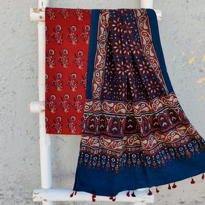 SAILEE-Pure Cotton Ajrak Rust And Blue Flower Motif Top With Blue And Rust Dupatta