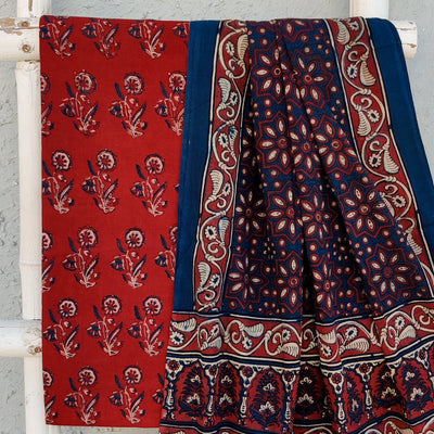 SAILEE-Pure Cotton Ajrak Rust And Blue Flower Motif Top With Blue And Rust Dupatta