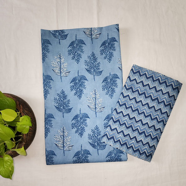 SATYA-Pure Cotton Blue Leaves Motif Screenprint Top And Blue Zig-Zag Bottom
