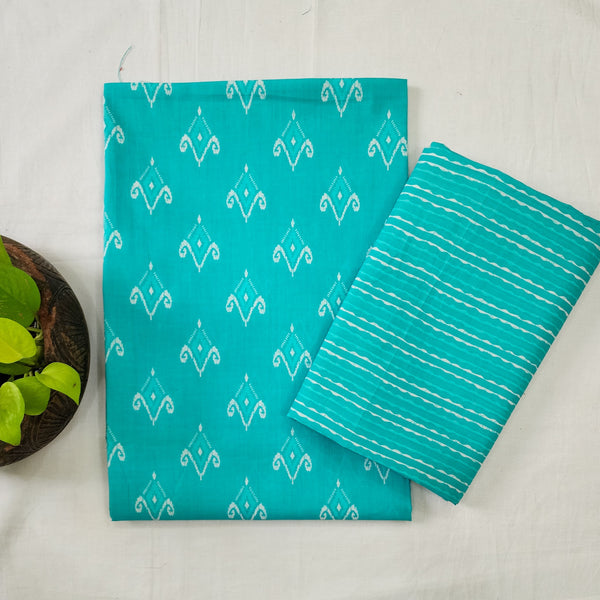 SATYA-Pure Cotton Blue With White Flower Motif Screenprint Top And Blue Border Screenprint Bottom