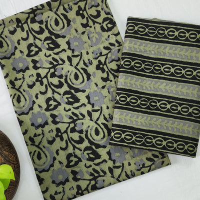 SATYA-Pure Cotton Green With Brown Flower Jaal Screenprint Top And Green With Brown Border Bottom