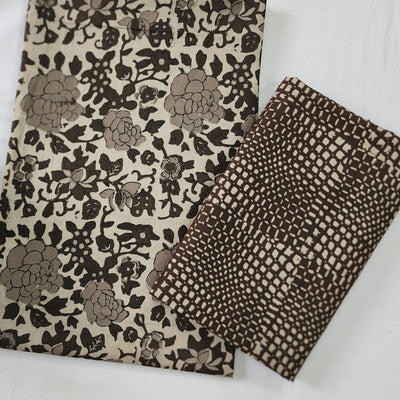 SATYA-Pure Cotton Off White With Brown Flower Screenprint Design Top And Brown Small Checks Screenprint Bottom
