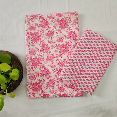 SATYA-Pure Cotton White With Pink Flower Jaal Screenprint Top And White With Pink Tiny Kairi Screenprint Bottom