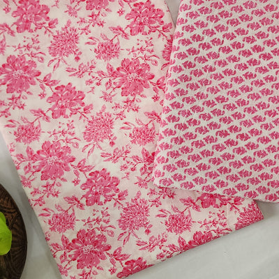 SATYA-Pure Cotton White With Pink Flower Jaal Screenprint Top And White With Pink Tiny Kairi Screenprint Bottom