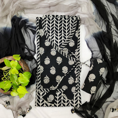 SEEMA-Pure Cotton Black With White Neck Yoke Top And Black Flower Motif Bottom And Chiffon Dupatta suit