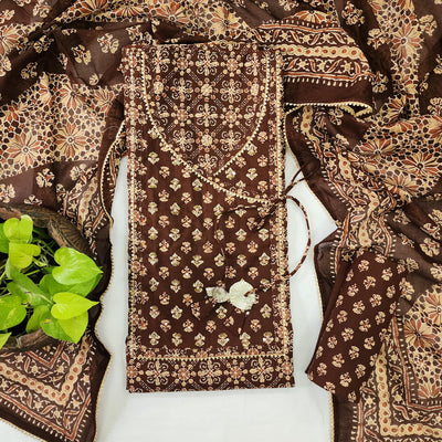 SHINE-Pure Cotton Brown With Aari Work Neck Top And Pure Cotton Brown With Flower Motif Bottom And Cotton Dupatta Suit