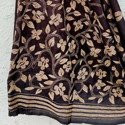 SUI DHAGA-Black Semi Bangalore Silk Saree Cream Flower Jaal Hand Stitched Saree