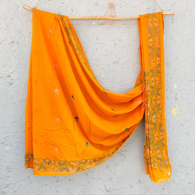 SUI DHAGA-Pure Bengal Mul Cotton Handmade Kaatha Work Saree Orange With Bady Pink With Blue