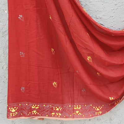 SUI DHAGA-Pure Bengal Mul Cotton Handmade Kaatha Work Saree Rust With Grey And Yellow