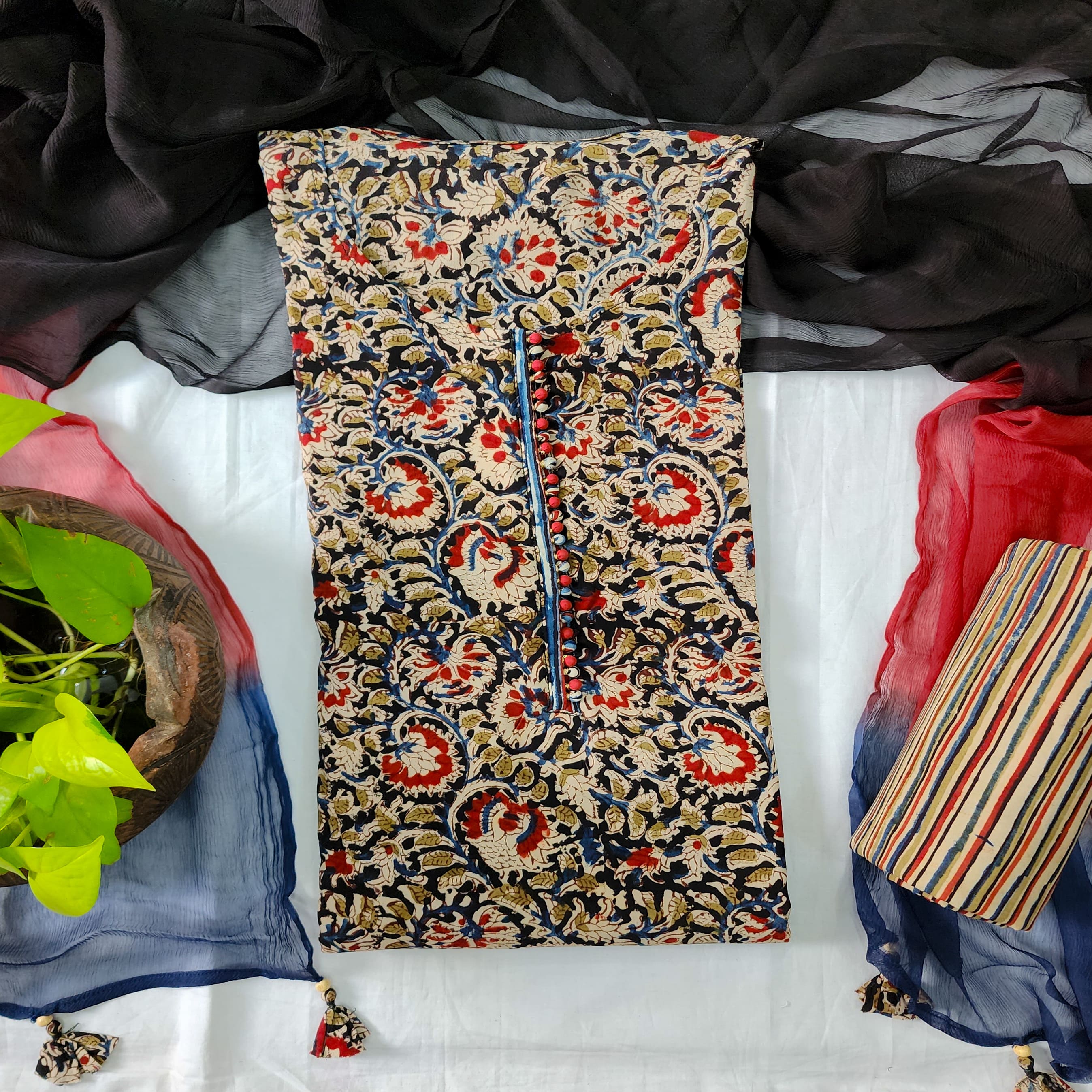Kalamkari Cotton Puff Midi Red Thilak