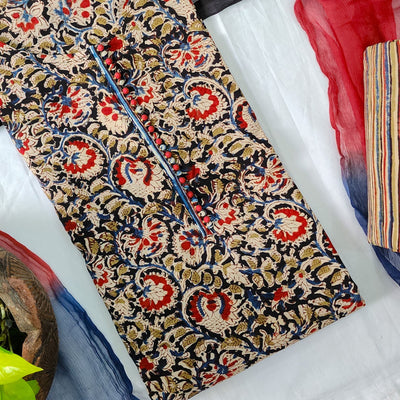 SUVINA-Modal Cotton Kalamkari Black With Red Top And Pure Cotton Stripes Kalamkari Bottom And Chiffion Dupatta