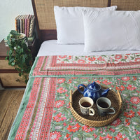 Forest Whispers-Pure Mul Cotton Hand Block Printed Reversible Dohar Blanket With Cotton Flannel Fillingppppppppp