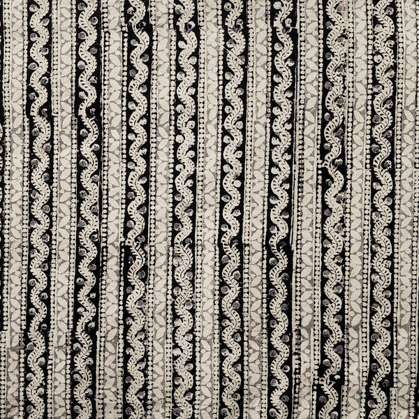 Pure Cotton Kalamkari Black With Cream Small Grass Creeper Border Stripes Hand Block Print Fabric