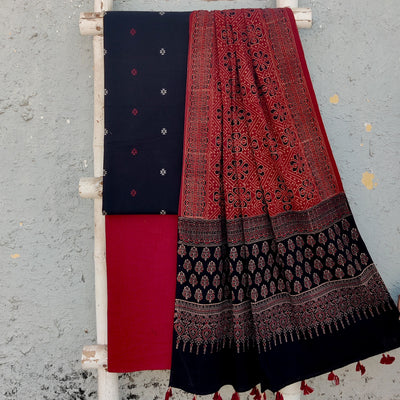 TANISHKA-Pure Cotton Handloom  Black With Red Cotton Bottom And Intricate Red Design And Black Border Ajrak Dupatta Suit