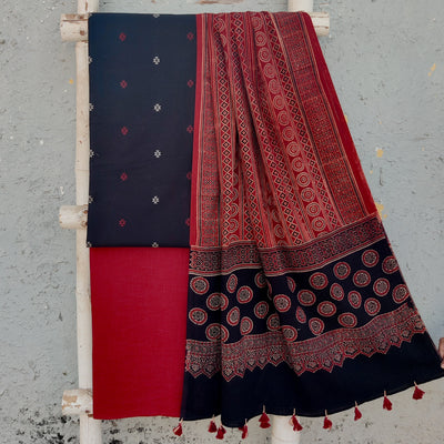 TANISHKA-Pure Cotton Handloom  Black With Red Cotton Bottom And Rust Stripes Design And Black Design Border Ajrak Dupatta Suit