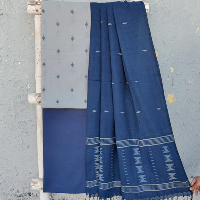 TANISHKA-Pure Cotton Handloom Light Blue Intricate Design Motif Top And Plain Blue Bottom And Jamdani Dupatta