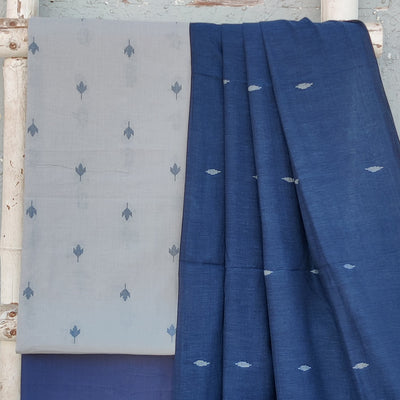 TANISHKA-Pure Cotton Handloom Light Blue Intricate Design Motif Top And Plain Blue Bottom And Jamdani Dupatta