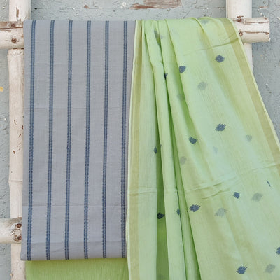 TANISHKA-Pure Cotton Handloom Light Blue Intricate Stripes Design Motif Top And Plain Light Green Bottom And Jamdani Dupatta