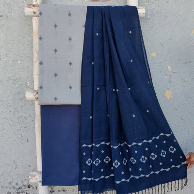 TANISHKA-Pure Cotton Handloom Light Blue Motif Top And Plain Blue Bottom And Jamdani Dupatta