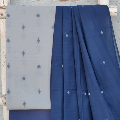 TANISHKA-Pure Cotton Handloom Light Blue Motif Top And Plain Blue Bottom And Jamdani Dupatta