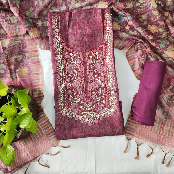 TARA-Cotton Silk Lavender With Beautifull Emboriderey Yoke Top And Rayon Plain Bottom And Cotton Silk Dupatta