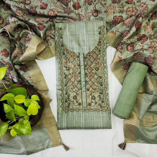 TARA-Cotton Silk Mint Green With Beautifull Emboriderey Yoke Top And Rayon Plain Bottom And Cotton Silk Dupatta
