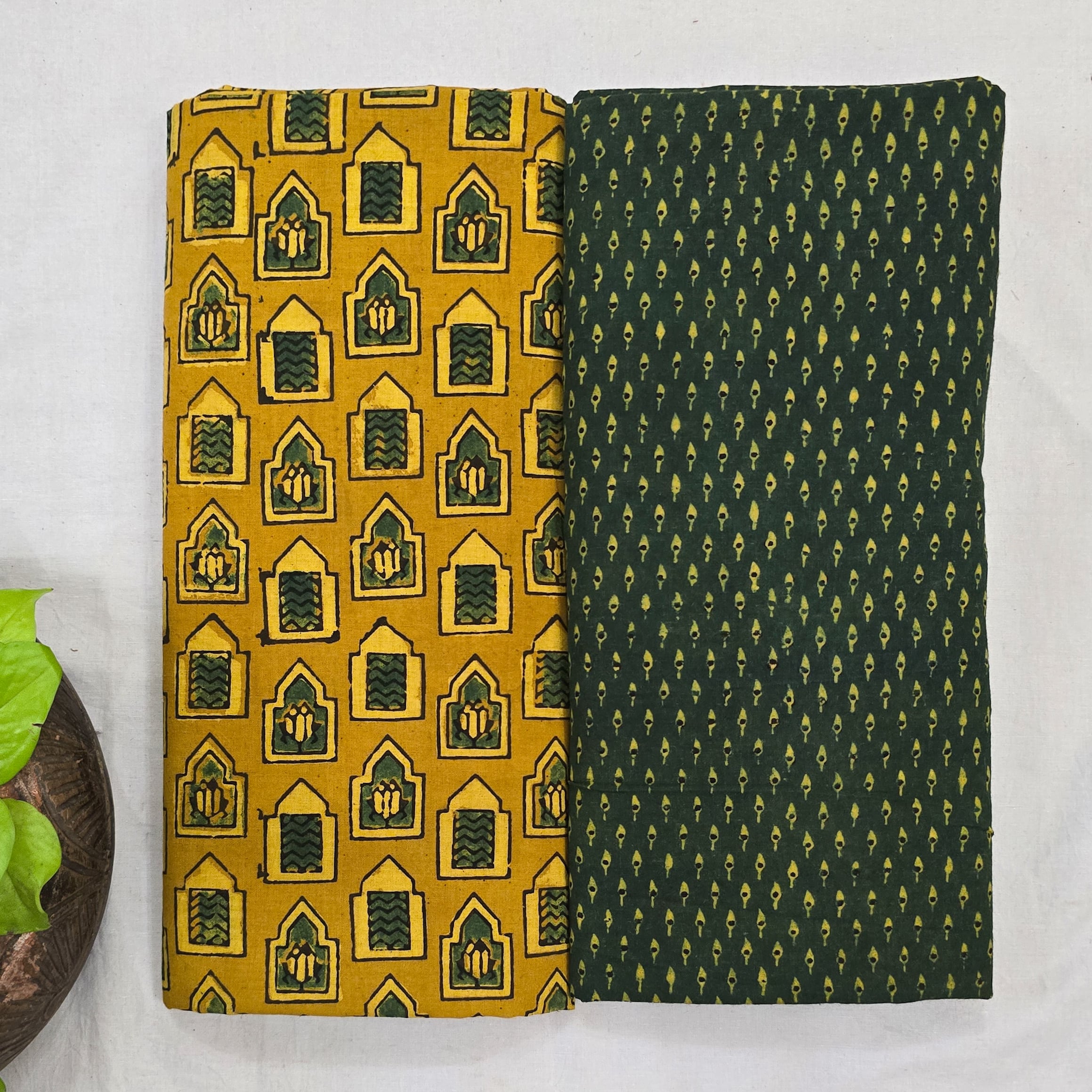 Top Bottom Combo Pure Cotton Ajrak Yellow With Green Small Window Fabr ...