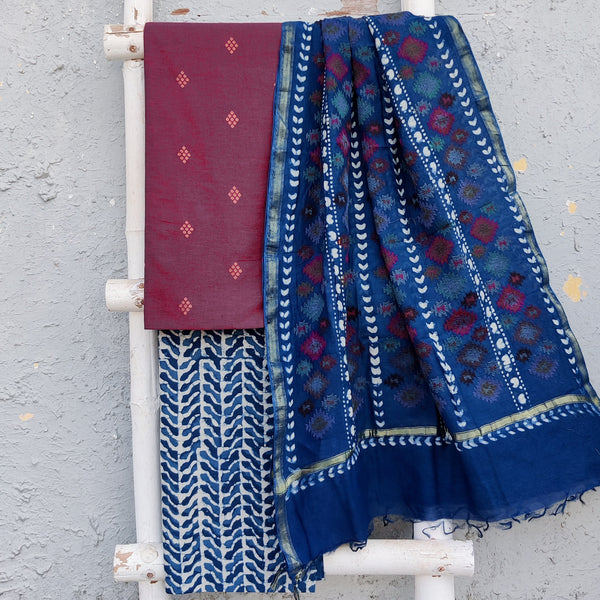 VAMIKA-Pure Cotton Handloom Purple With Golden Intricate Design And Indigo Bottom And Chandari Emboriderey Dupatta