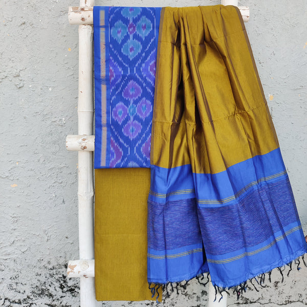 VEDA-Cotton Silk Blue With Intricate Design Top And Plain Mehendi Green Bottom And Dupatta