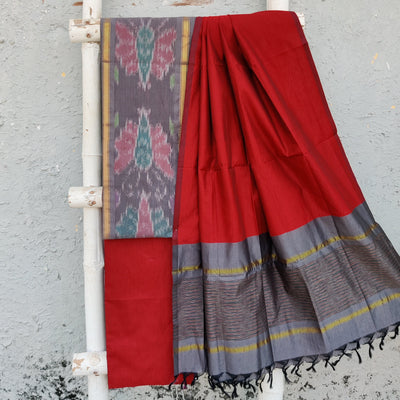 VEDA-Cotton Silk Grey With Intricate Design Top And Plain Maroon Bottom And Cotton Silk Dupatta