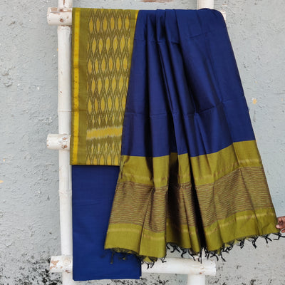 VEDA-Cotton Silk Mehendi Green With Intricate Design Top And Plain Navy Blue Bottom And Dupatta