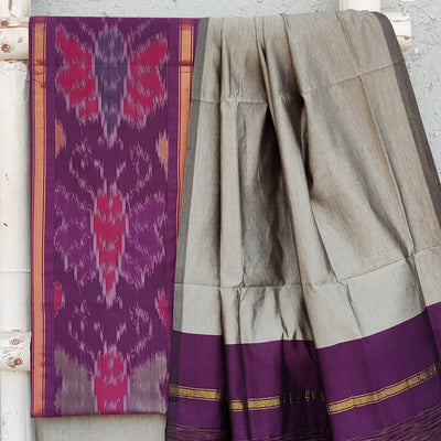 VEDA-Cotton Silk Purple With Intricate Design Top And Plain Sliver Bottom And Dupatta