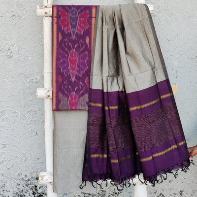 VEDA-Cotton Silk Purple With Intricate Design Top And Plain Sliver Bottom And Dupatta