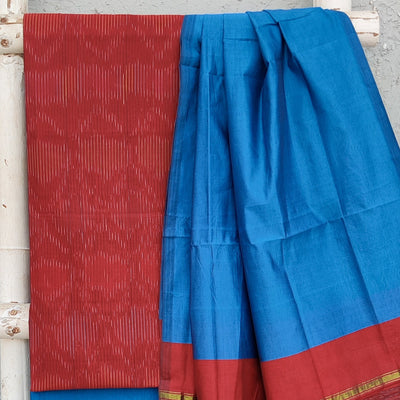 VEDA-Cotton Silk Red With Intricate Design Top And Plain Light Blue Bottom And Dupatta