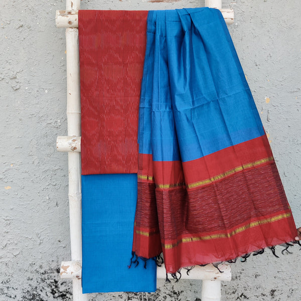 VEDA-Cotton Silk Red With Intricate Design Top And Plain Light Blue Bottom And Dupatta