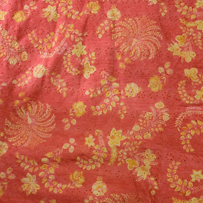 ( Width 44 Inches ) Pure Cotton Hakoba Orange With Mustard Jaal Screen Print Fabric