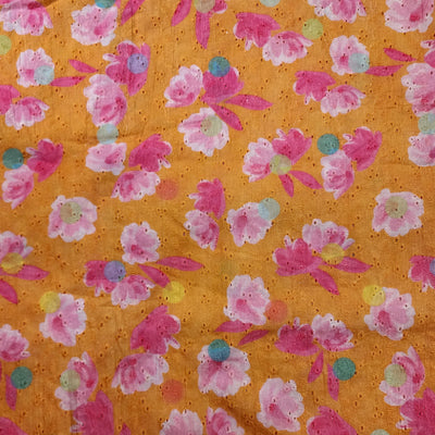 ( Pre-Cut 2.10 Meter ) ( Width 44 Inches ) Pure Cotton Hakoba Orange With Pink Flowers Screen Print Fabric