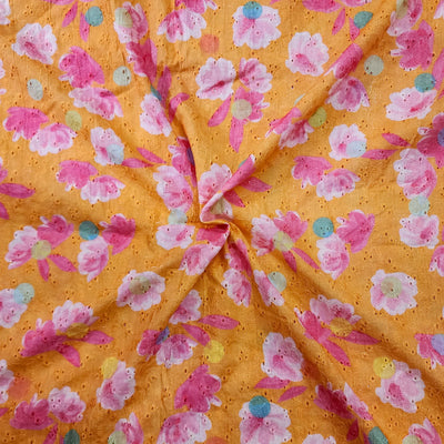( Pre-Cut 2.10 Meter ) ( Width 44 Inches ) Pure Cotton Hakoba Orange With Pink Flowers Screen Print Fabric
