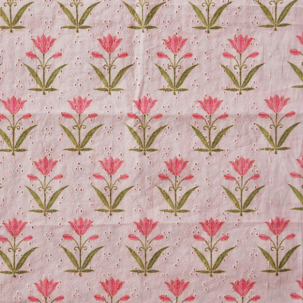 (Width 44 Inches) Pure Cotton Hakoba Baby Pink Peach With Pink Flower Digital Print Fabric