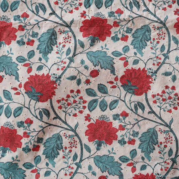 (Width 44 Inches) Pure Cotton Hakoba Beige Cream With Rust And Teal Jaal Digital Print Fabric