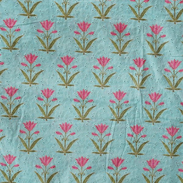 (Width 44 Inches) Pure Cotton Hakoba Blue With Pink Flower Digital Print Fabric